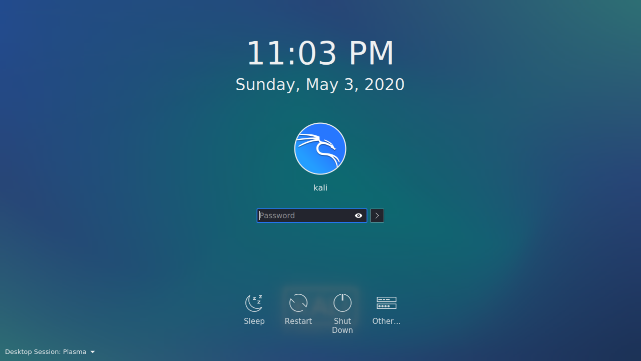 kali 2020.2 KDE sddm login screen